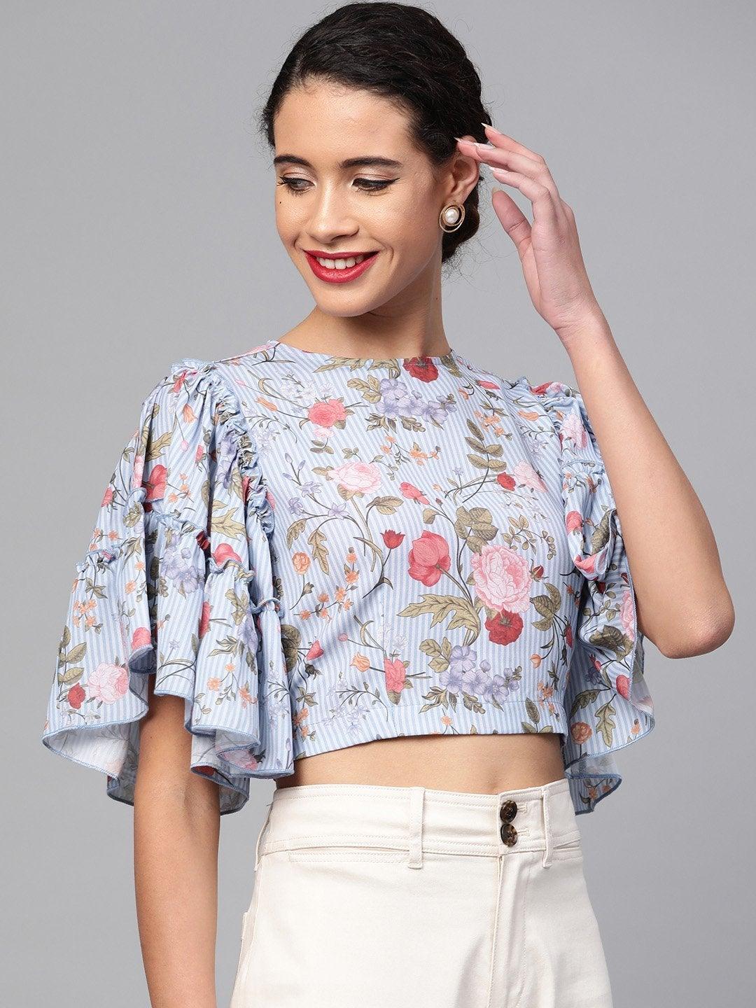 Women's Blue Striped Floral Flare Sleeve Crop Top - SASSAFRAS - Indiakreations