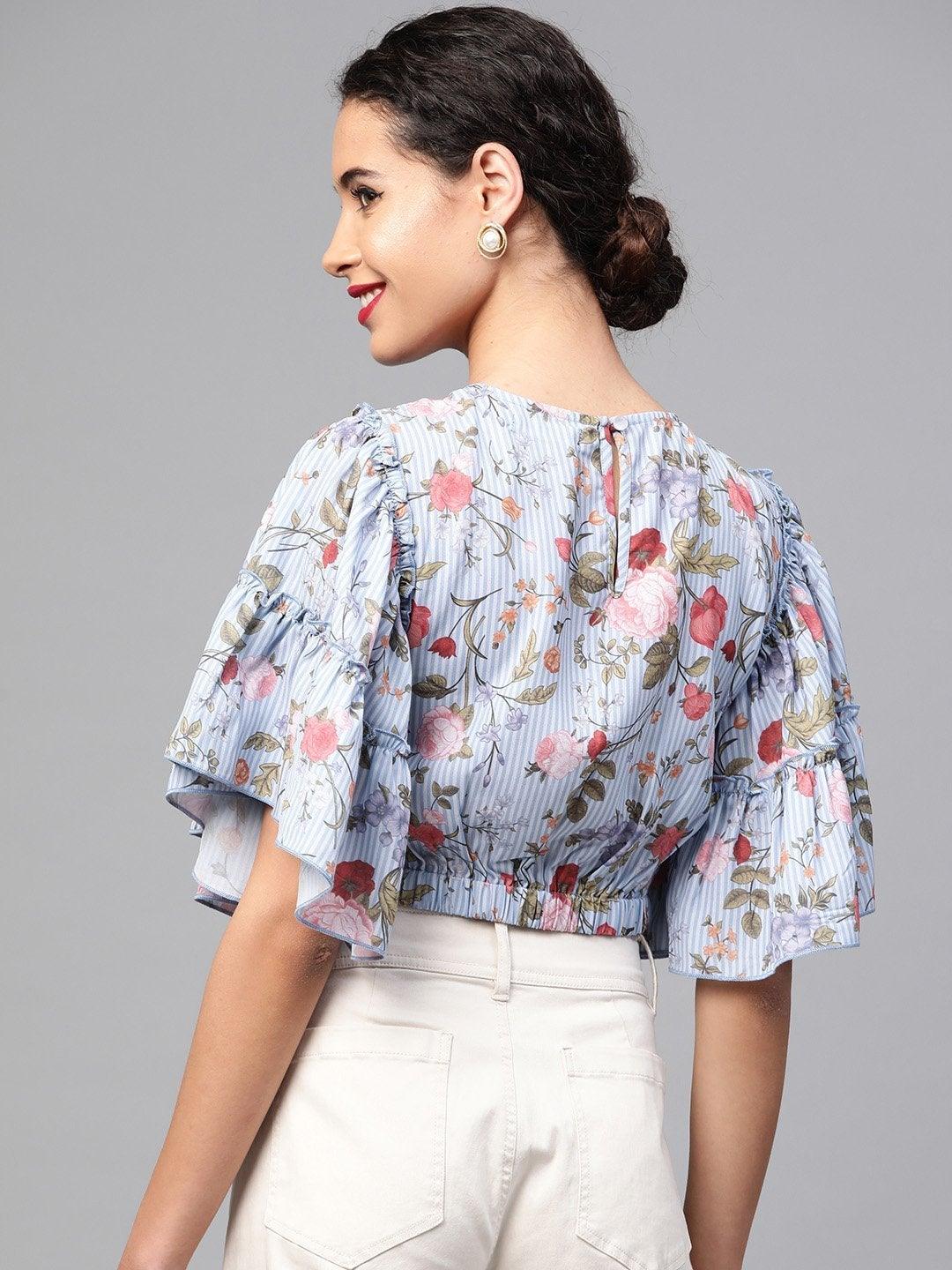 Women's Blue Striped Floral Flare Sleeve Crop Top - SASSAFRAS - Indiakreations