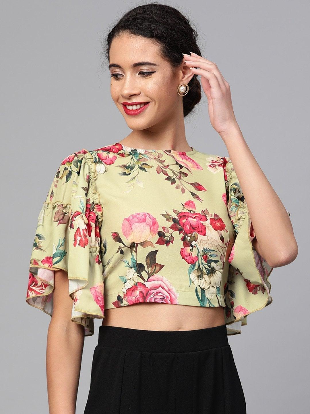 Women's Green Floral Flare Sleeve Crop Top - SASSAFRAS - Indiakreations