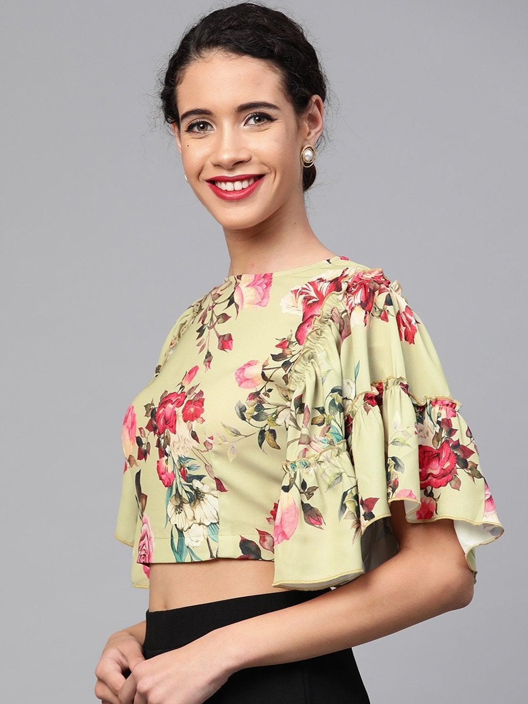 Women's Green Floral Flare Sleeve Crop Top - SASSAFRAS - Indiakreations