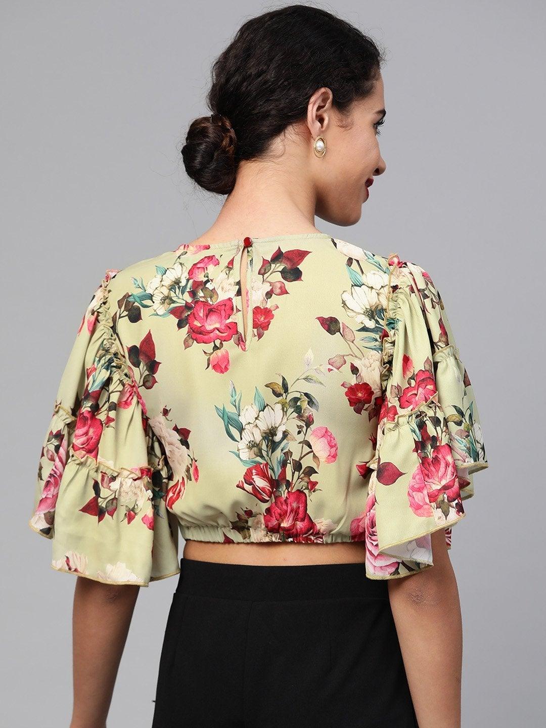 Women's Green Floral Flare Sleeve Crop Top - SASSAFRAS - Indiakreations