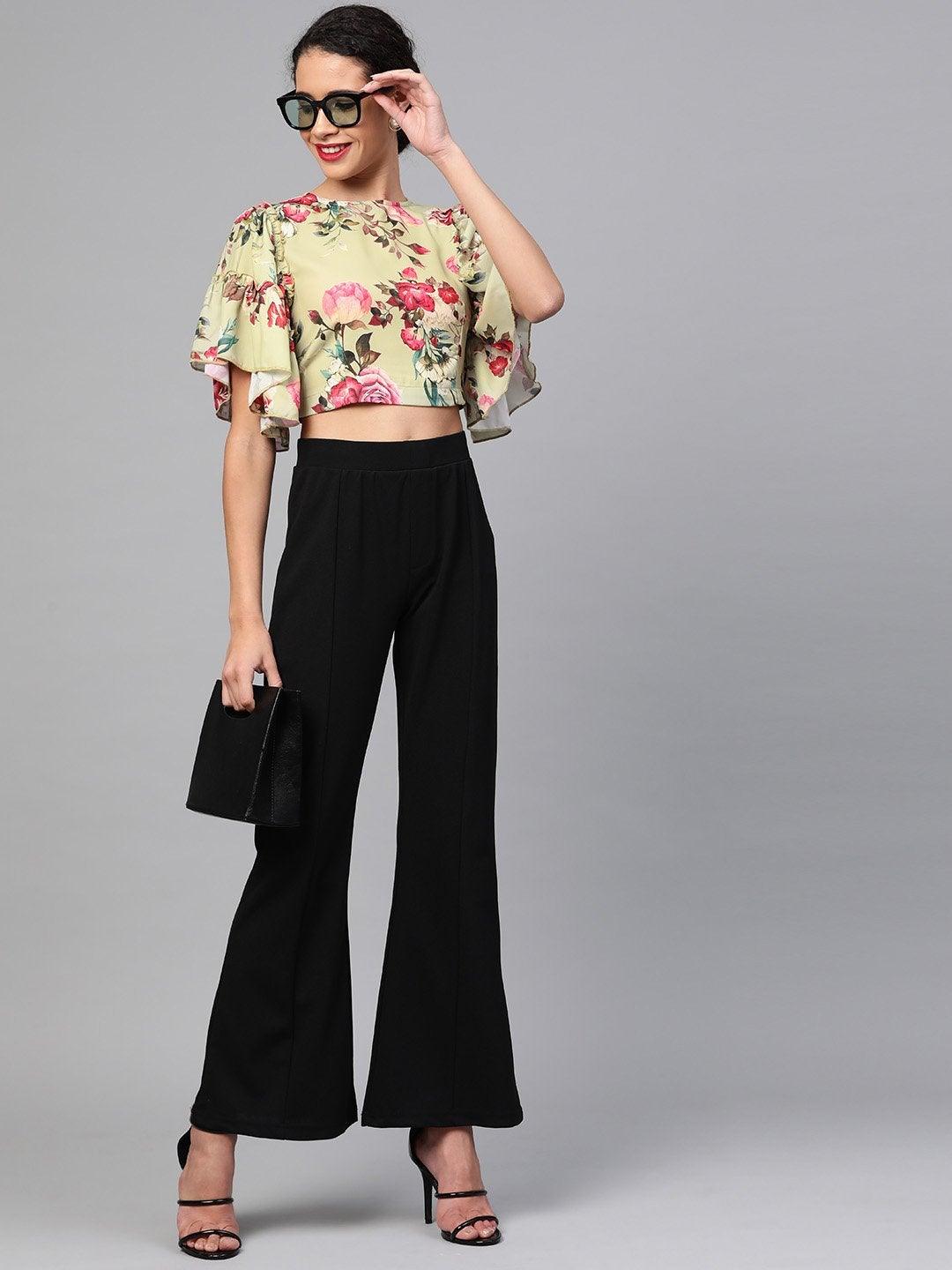 Women's Green Floral Flare Sleeve Crop Top - SASSAFRAS - Indiakreations