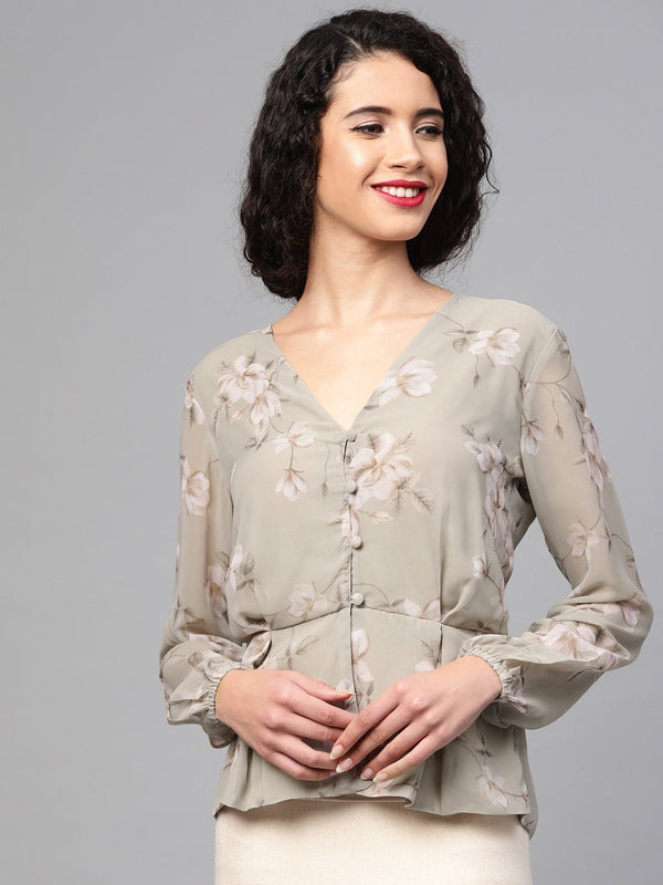 Women's Olive Floral Peplum Top - SASSAFRAS