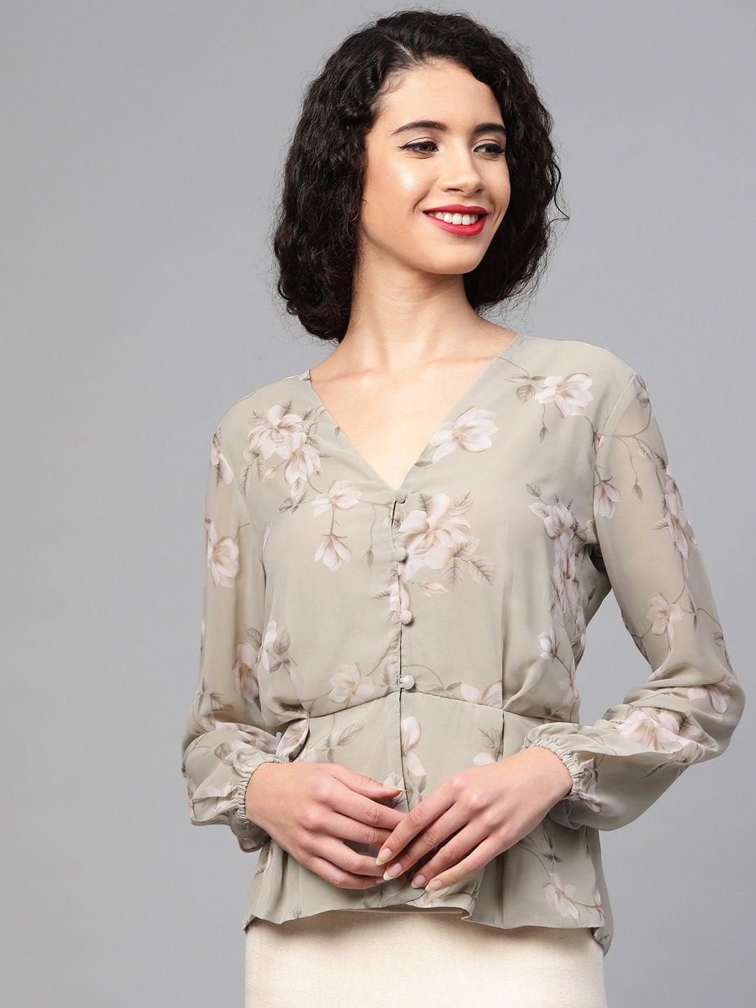 Women's Olive Floral Peplum Top - SASSAFRAS - Indiakreations