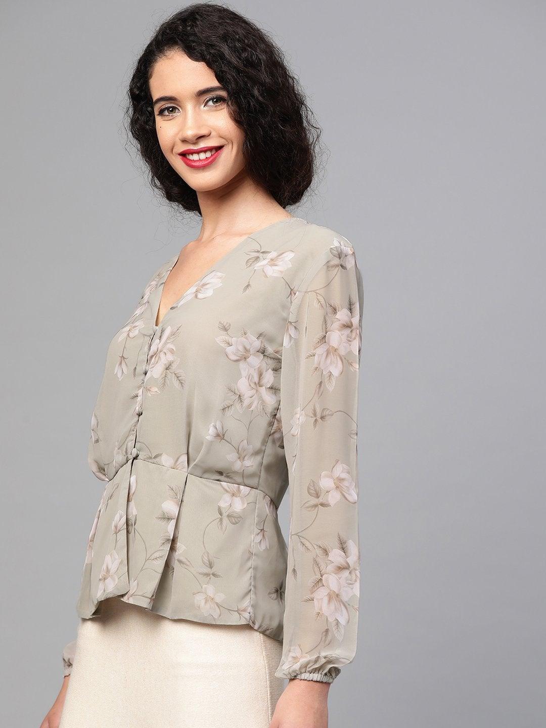 Women's Olive Floral Peplum Top - SASSAFRAS - Indiakreations