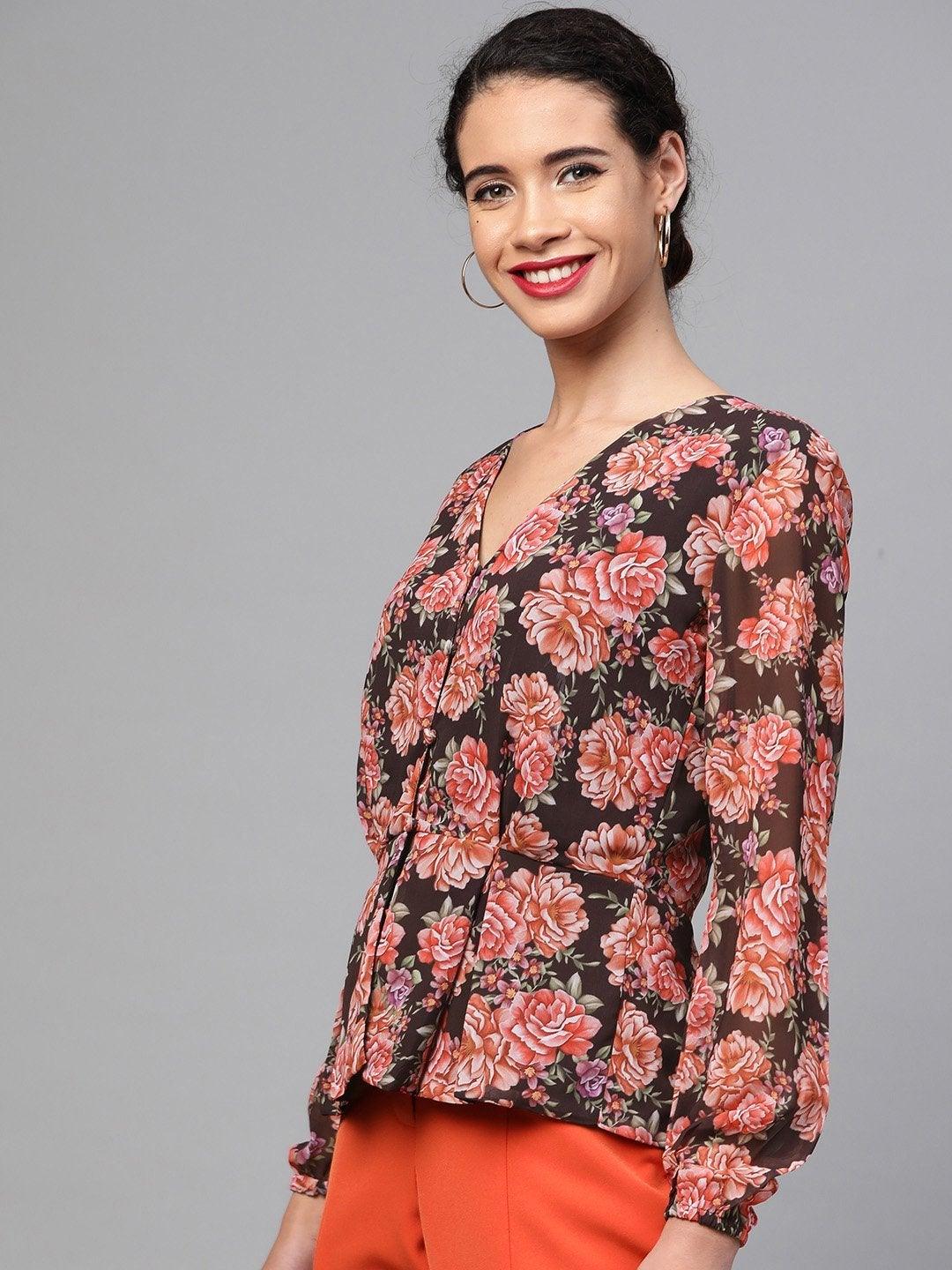 Women's Black Floral Peplum Top - SASSAFRAS - Indiakreations