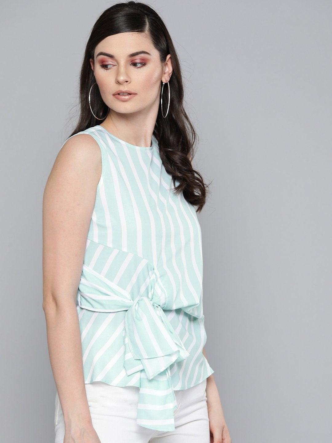 Women's Sea Green Stripe Side Knot Detail Top - SASSAFRAS - Indiakreations