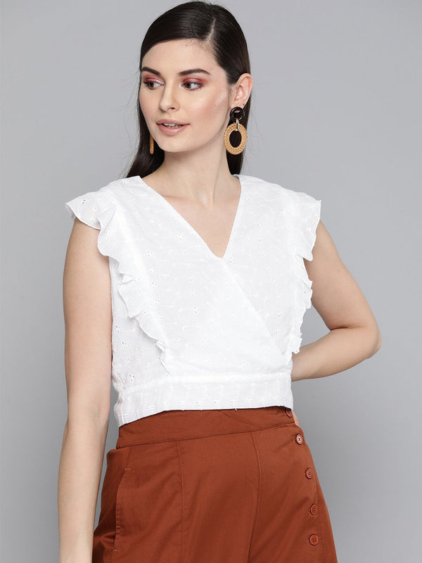 Women's White Schiffli Wrap Crop Top - SASSAFRAS