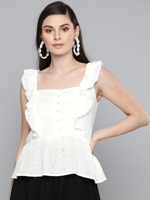 Women's White Schiffli Button Peplum Top - SASSAFRAS - Indiakreations