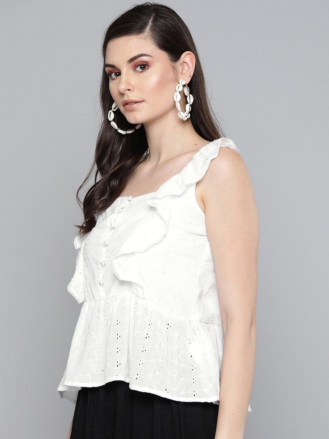 Women's White Schiffli Button Peplum Top - SASSAFRAS - Indiakreations