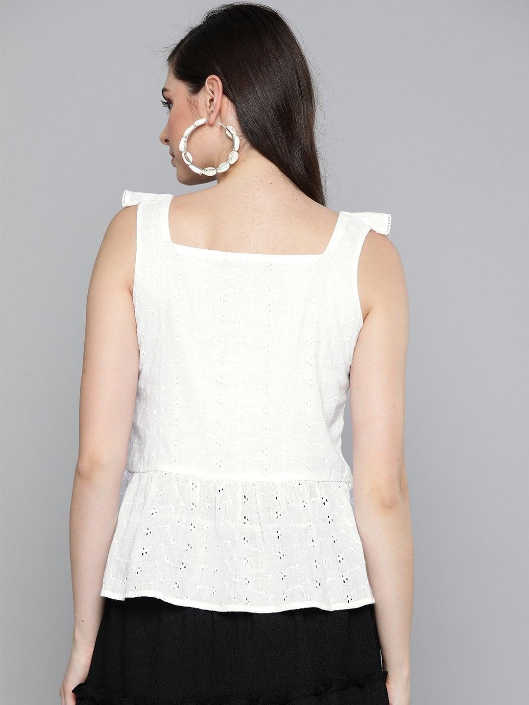 Women's White Schiffli Button Peplum Top - SASSAFRAS - Indiakreations