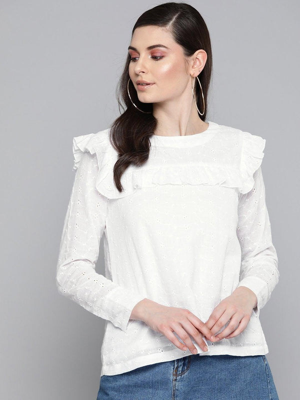 Women's White Schiffli Front Yoke Top - SASSAFRAS - Indiakreations