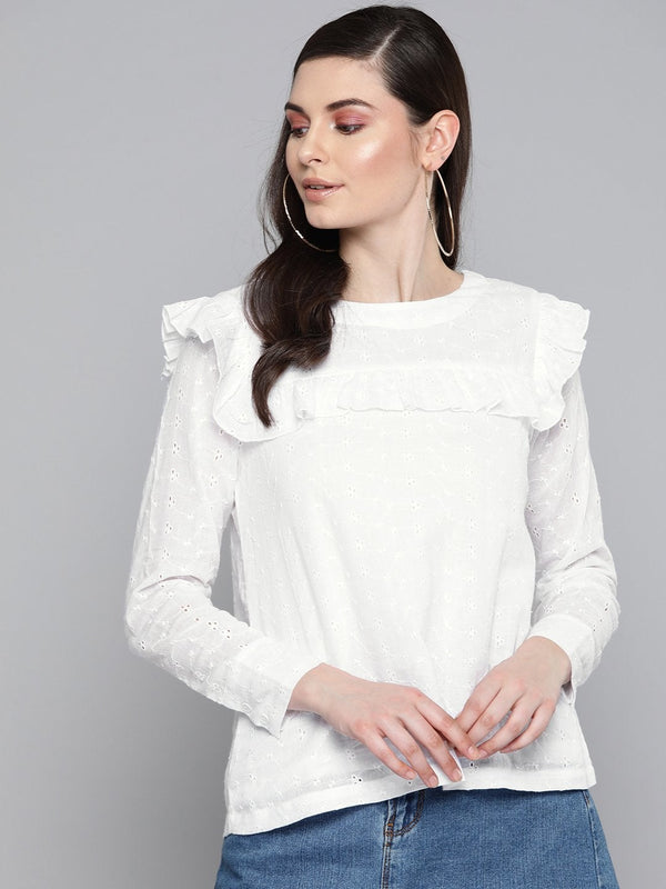 Women's White Schiffli Front Yoke Top - SASSAFRAS