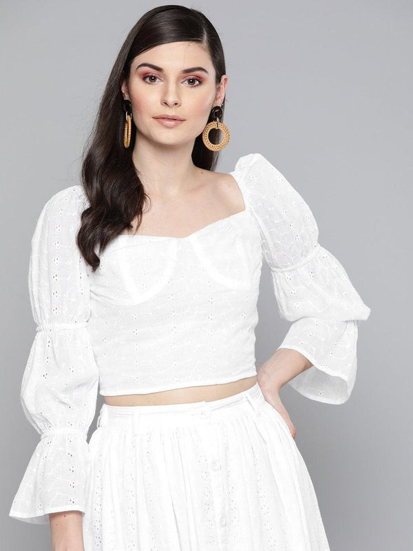 Women's White Schiffli Bishop Sleeve Crop Top - SASSAFRAS - Indiakreations