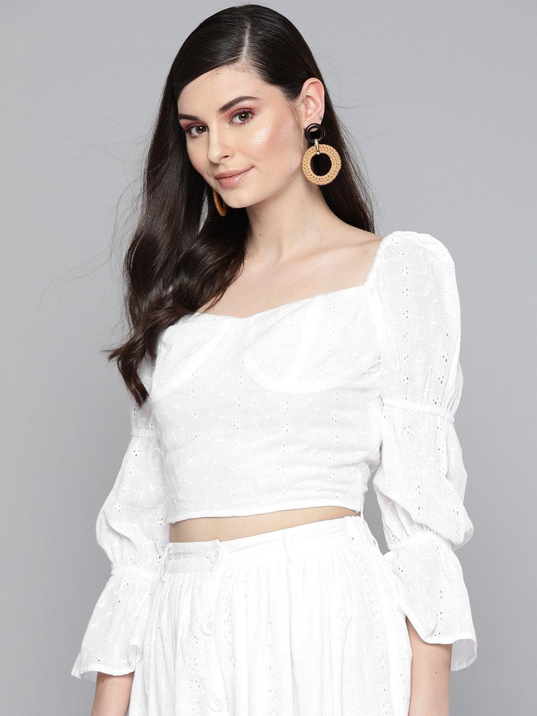 Women's White Schiffli Bishop Sleeve Crop Top - SASSAFRAS - Indiakreations