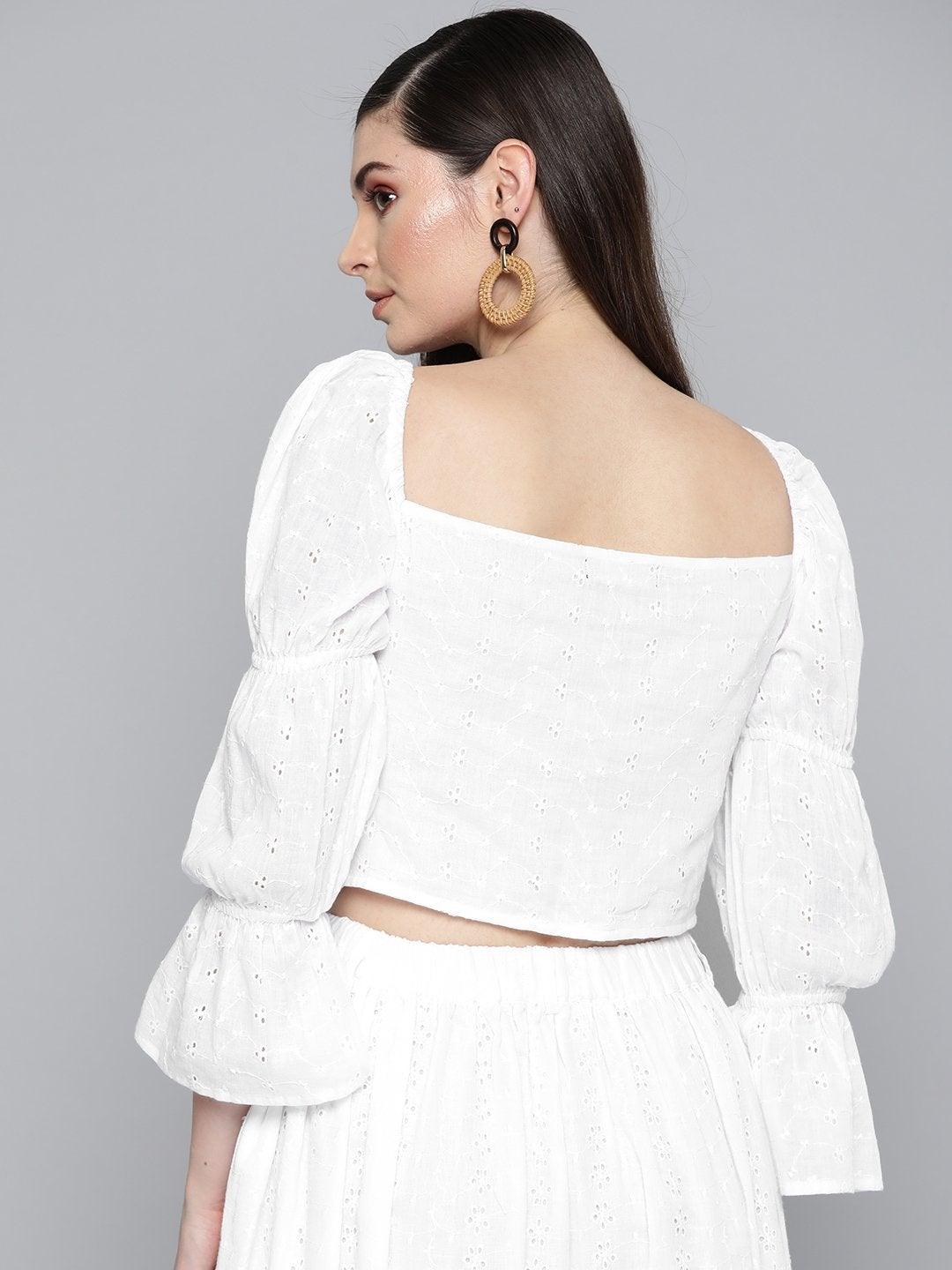 Women's White Schiffli Bishop Sleeve Crop Top - SASSAFRAS - Indiakreations