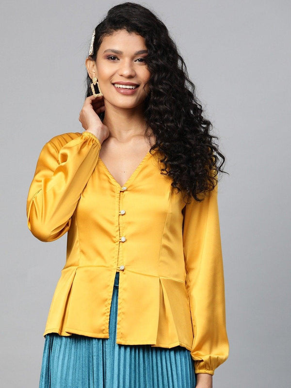 Women's Mustard Front Button Peplum Satin Top - SASSAFRAS - Indiakreations