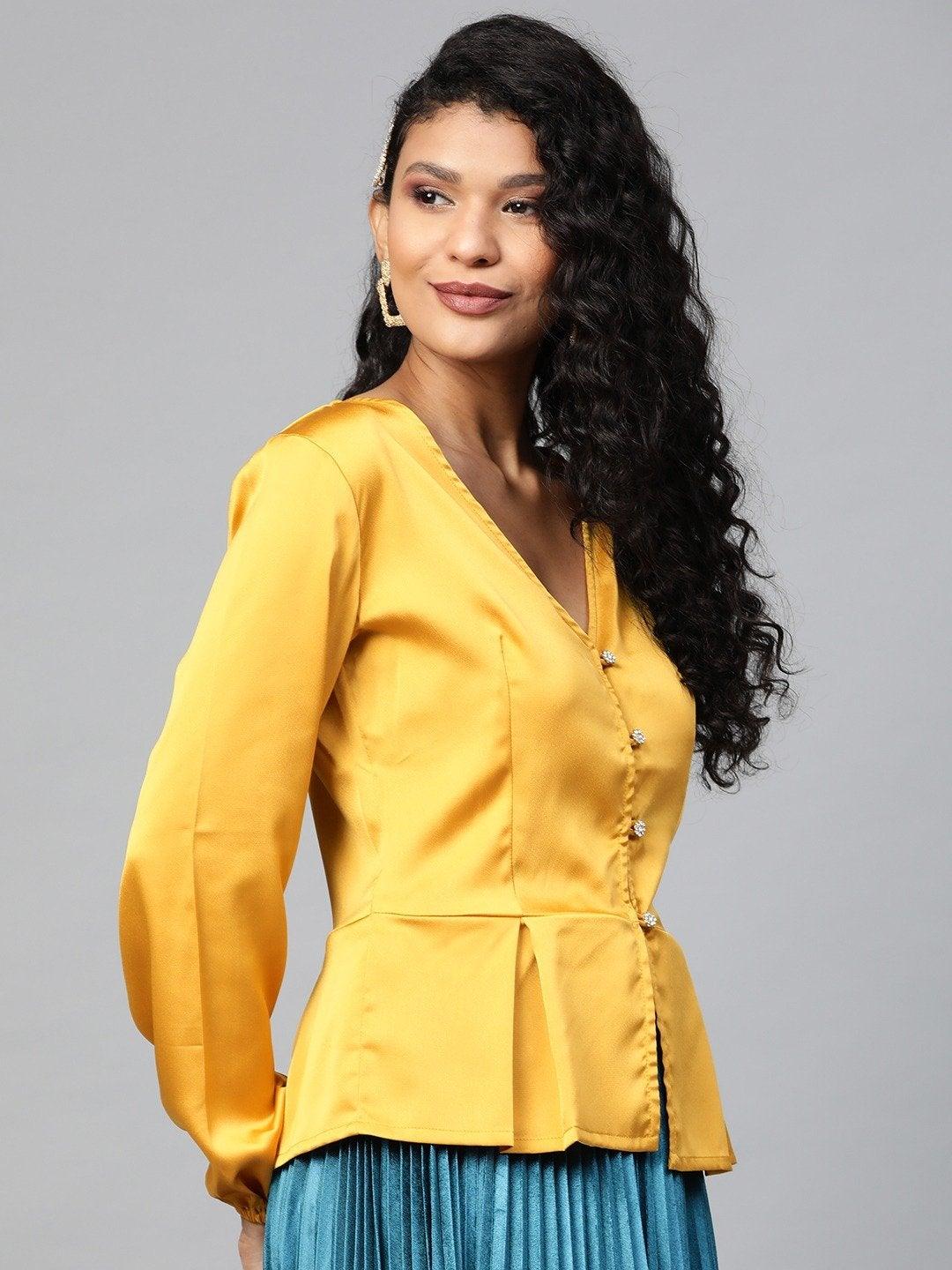 Women's Mustard Front Button Peplum Satin Top - SASSAFRAS - Indiakreations