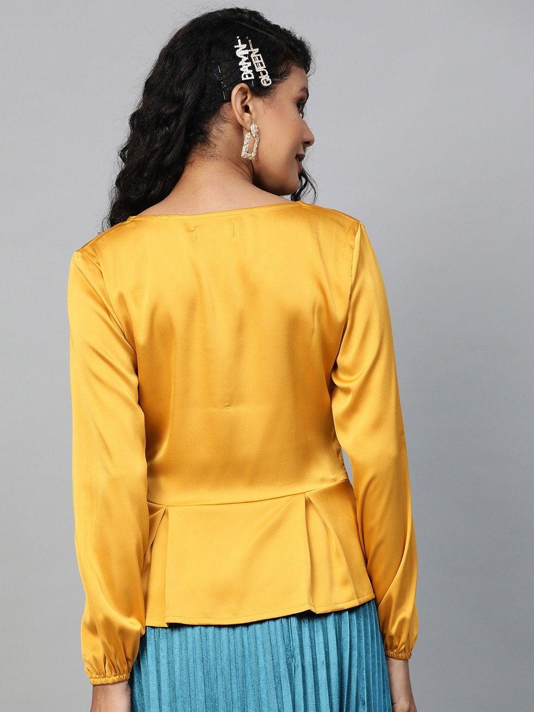 Women's Mustard Front Button Peplum Satin Top - SASSAFRAS - Indiakreations