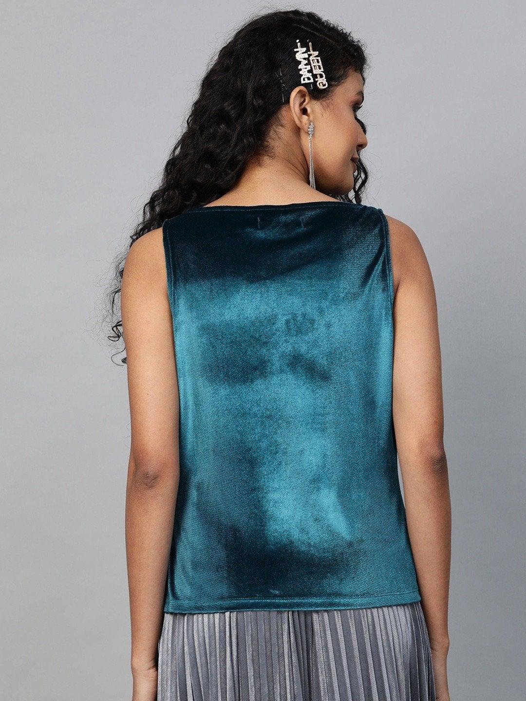 Women's Teal Velvet Cowl Neck Top - SASSAFRAS - Indiakreations