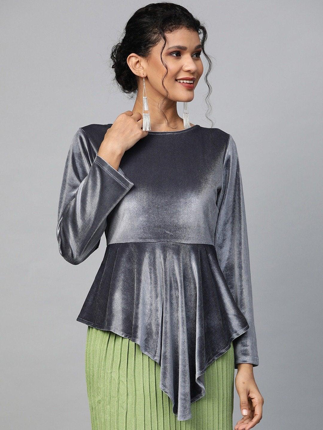 Women's Grey Velvet Asymmetric Peplum Top - SASSAFRAS - Indiakreations