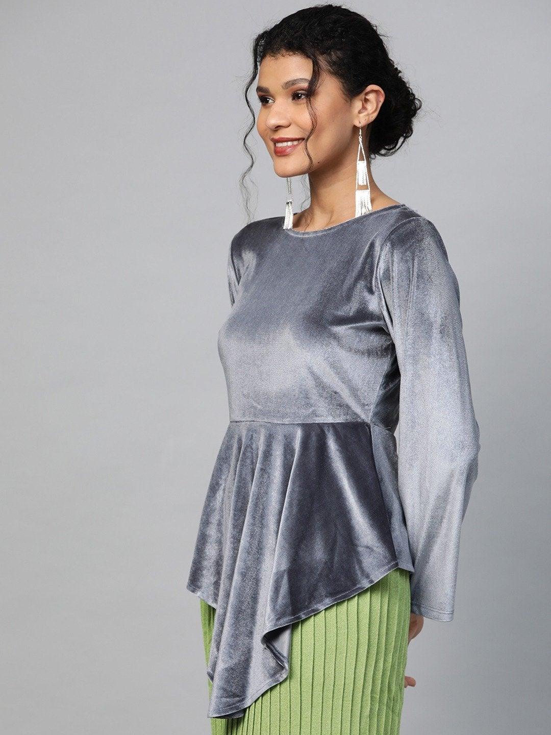 Women's Grey Velvet Asymmetric Peplum Top - SASSAFRAS - Indiakreations