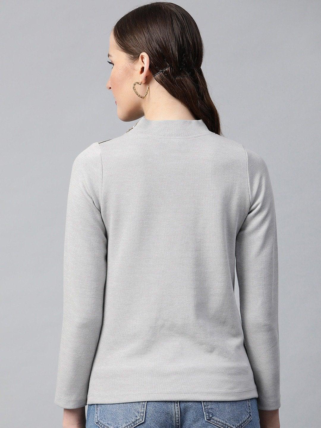 Women's Grey High Neck Rib Top - SASSAFRAS - Indiakreations