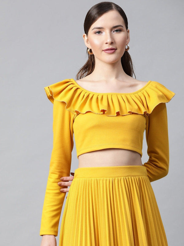 Women's Mustard Frilly Neck Rib Crop Top - SASSAFRAS