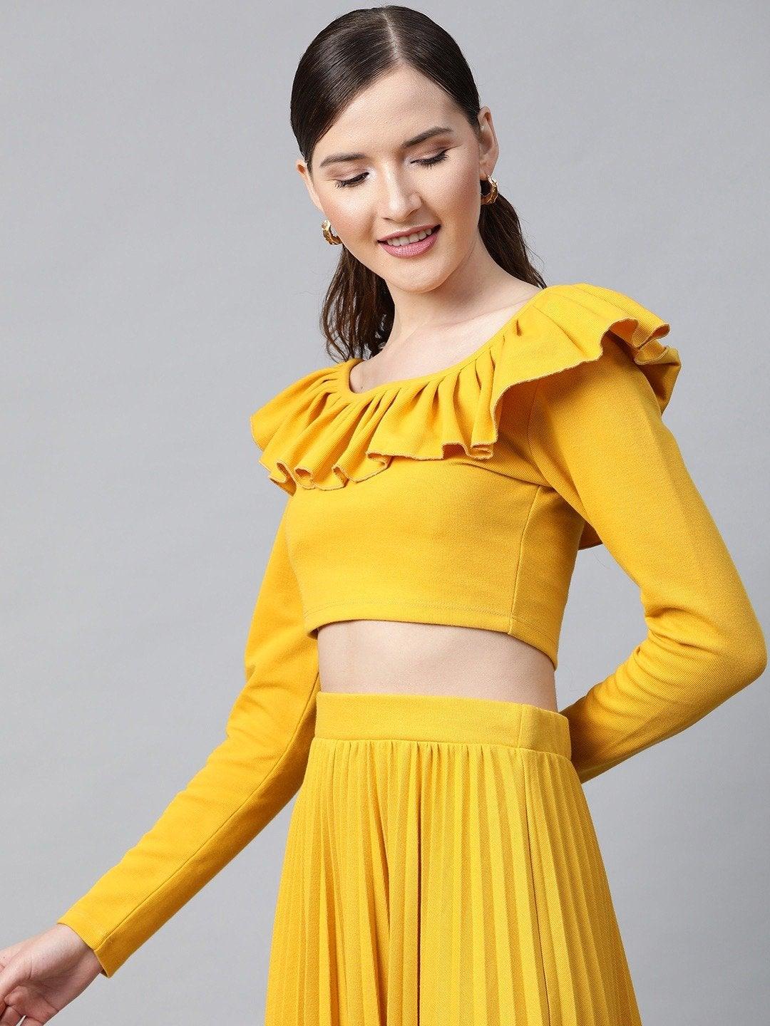 Women's Mustard Frilly Neck Rib Crop Top - SASSAFRAS - Indiakreations