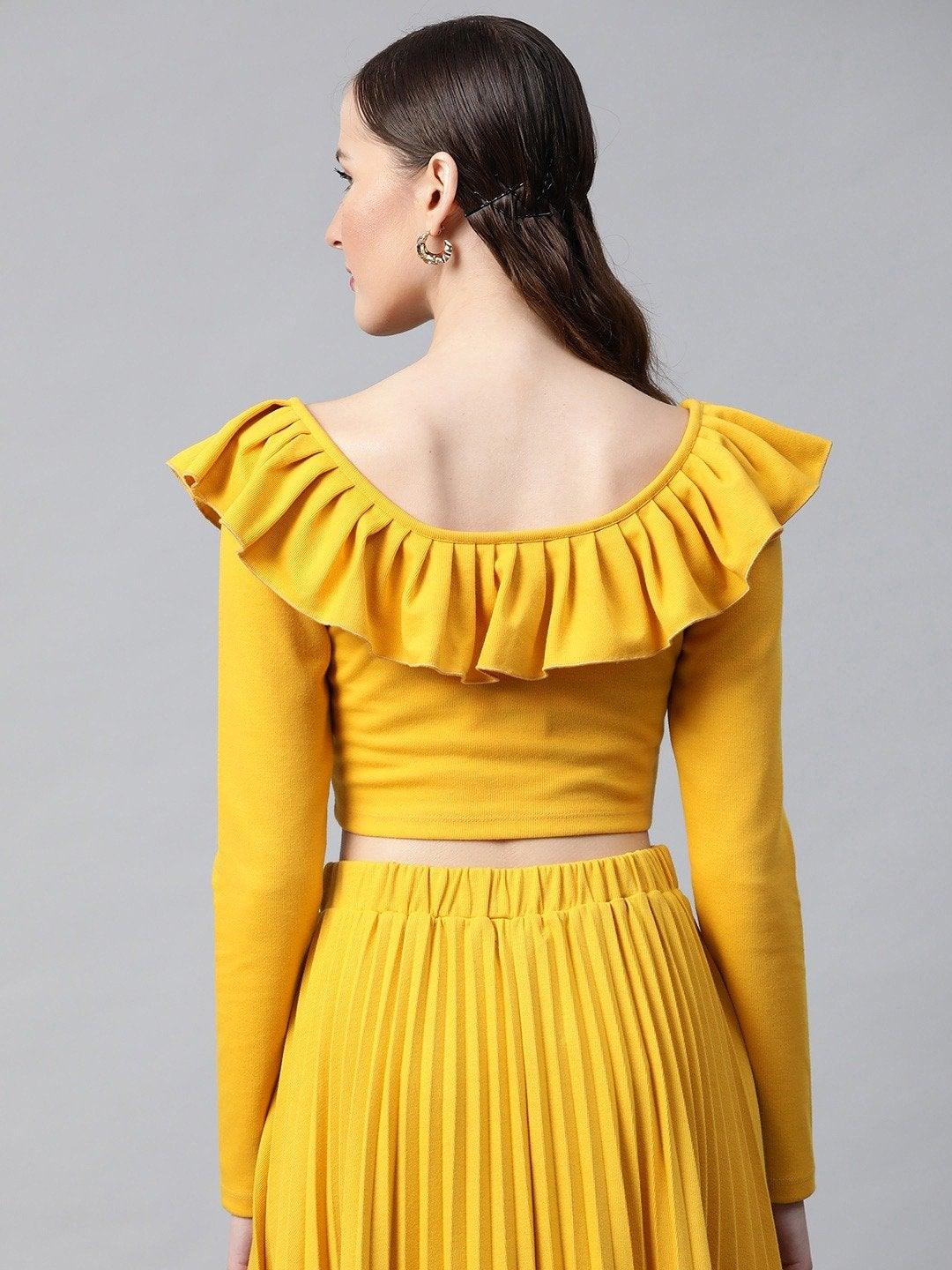 Women's Mustard Frilly Neck Rib Crop Top - SASSAFRAS - Indiakreations