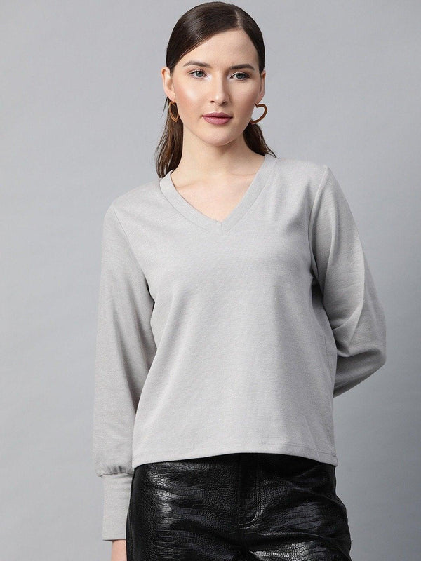 Women's Grey V-Neck Rib Top - SASSAFRAS - Indiakreations