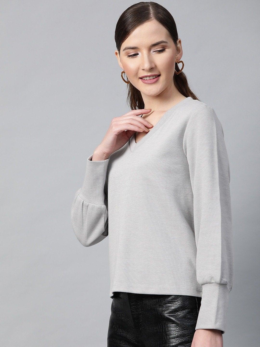 Women's Grey V-Neck Rib Top - SASSAFRAS - Indiakreations