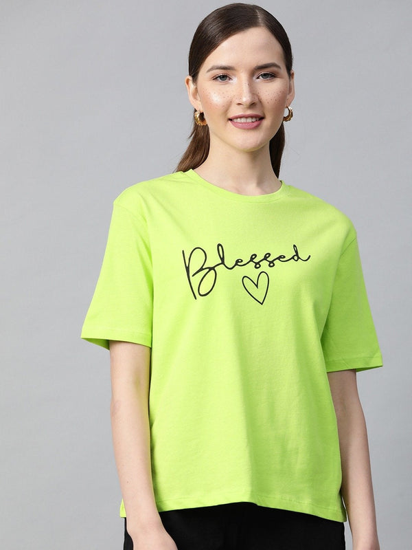 Women's Neon Green Blessed-Print T-Shirt - SASSAFRAS