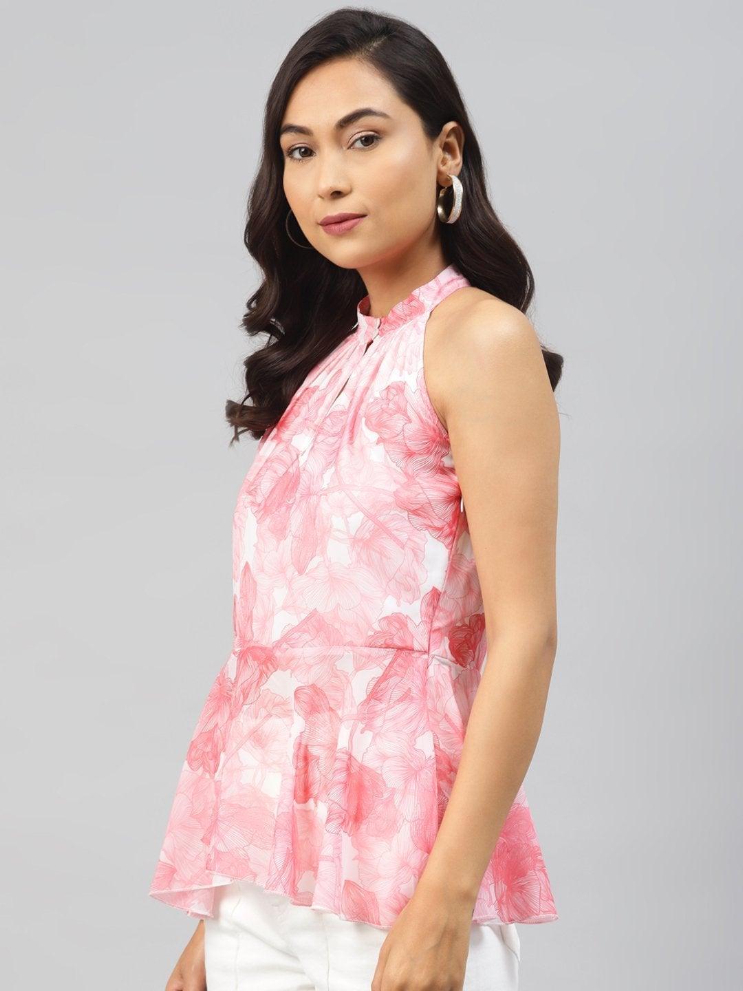 Women's Pink Floral Halter Neck Peplum Top - SASSAFRAS - Indiakreations