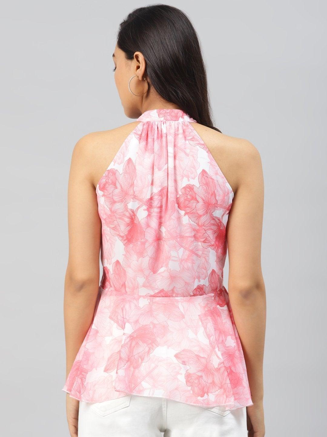 Women's Pink Floral Halter Neck Peplum Top - SASSAFRAS - Indiakreations