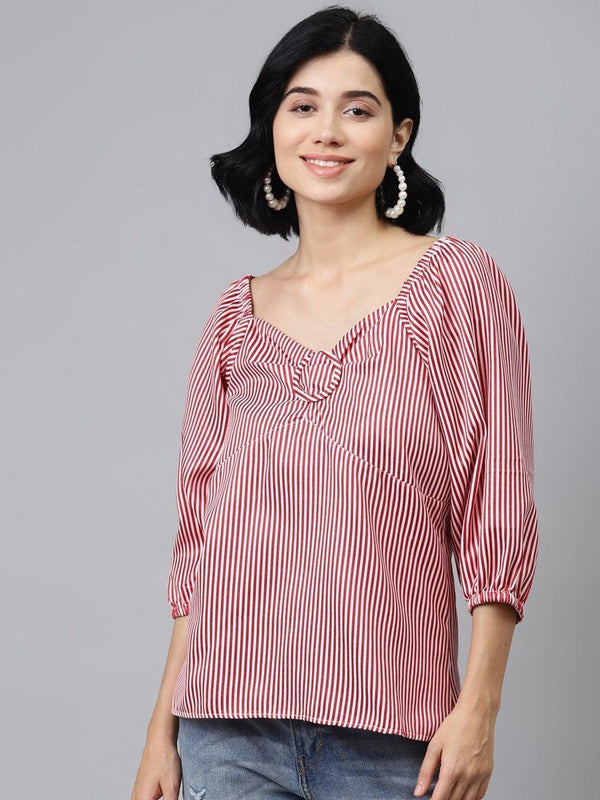 Women's Red Stripes Puff Sleeves Top - SASSAFRAS - Indiakreations