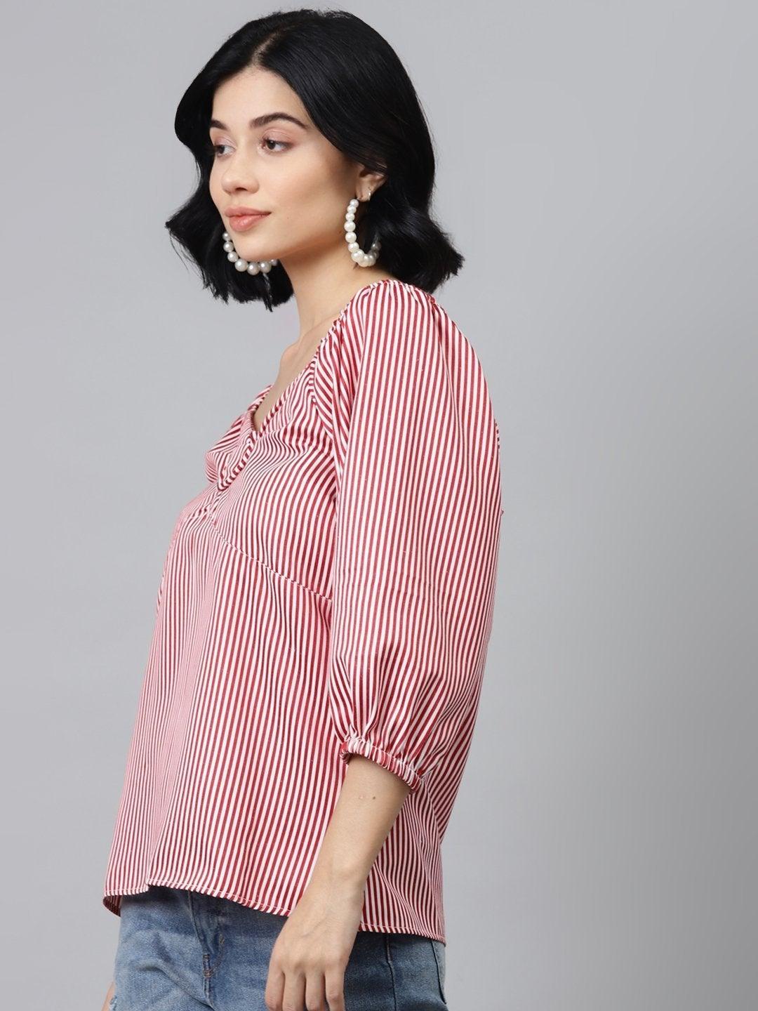 Women's Red Stripes Puff Sleeves Top - SASSAFRAS - Indiakreations