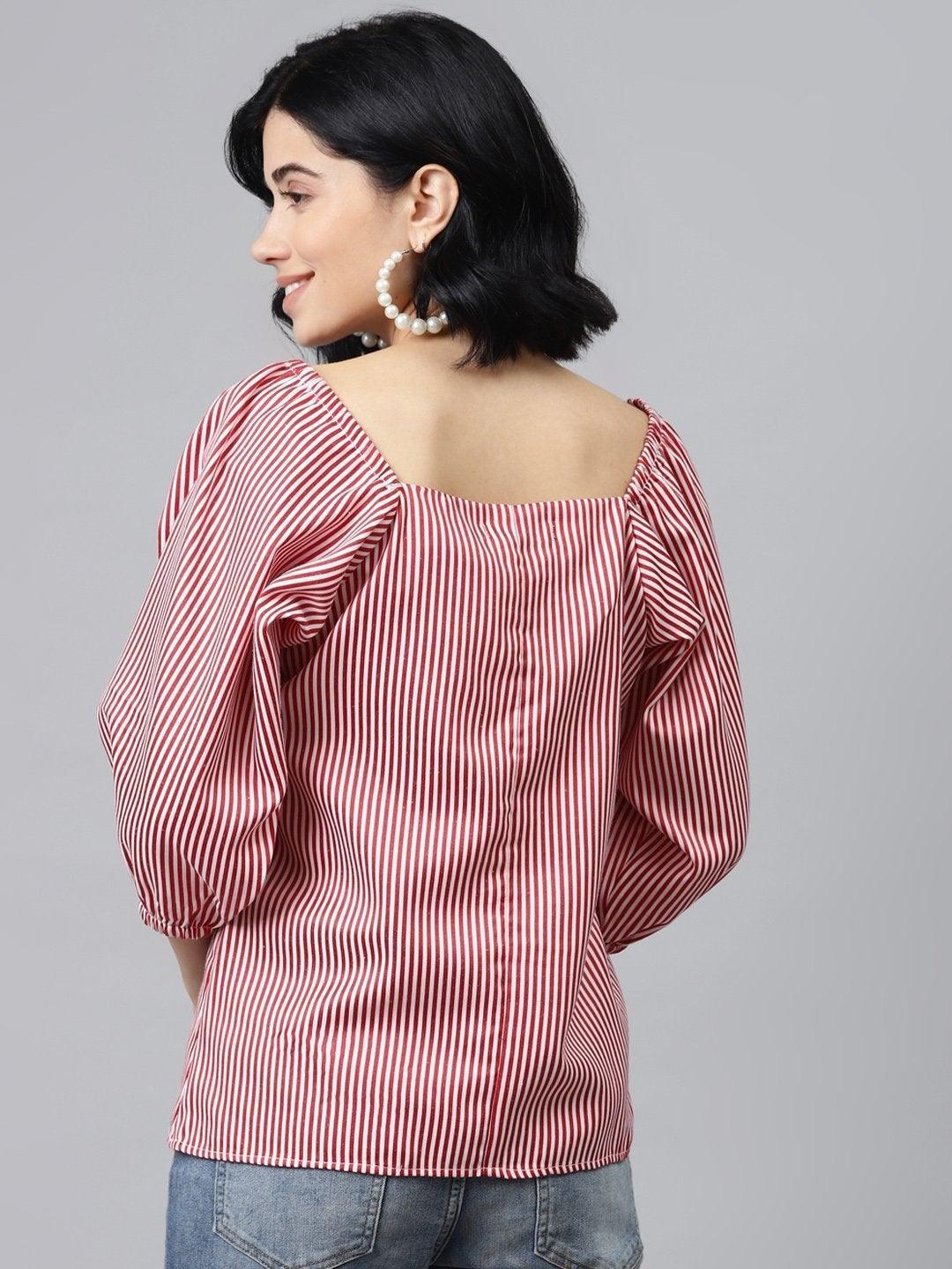 Women's Red Stripes Puff Sleeves Top - SASSAFRAS - Indiakreations