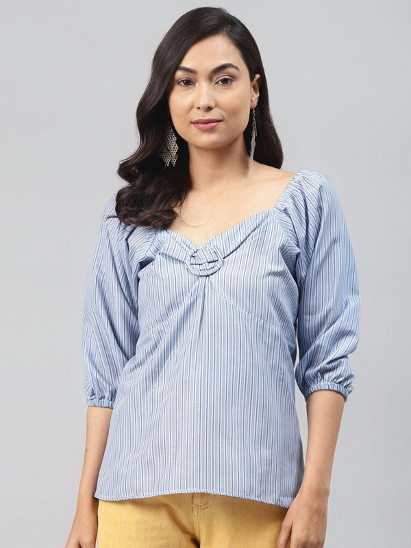 Women's Blue Stripe Puff Sleeve Top - SASSAFRAS - Indiakreations