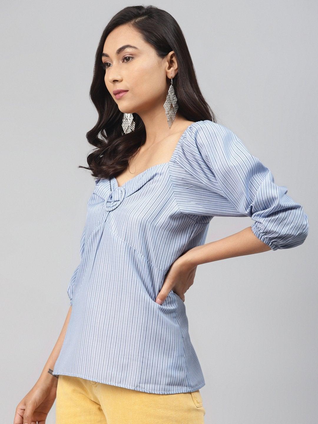 Women's Blue Stripe Puff Sleeve Top - SASSAFRAS - Indiakreations