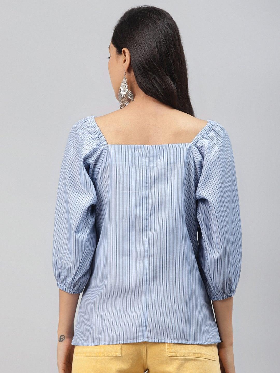 Women's Blue Stripe Puff Sleeve Top - SASSAFRAS - Indiakreations