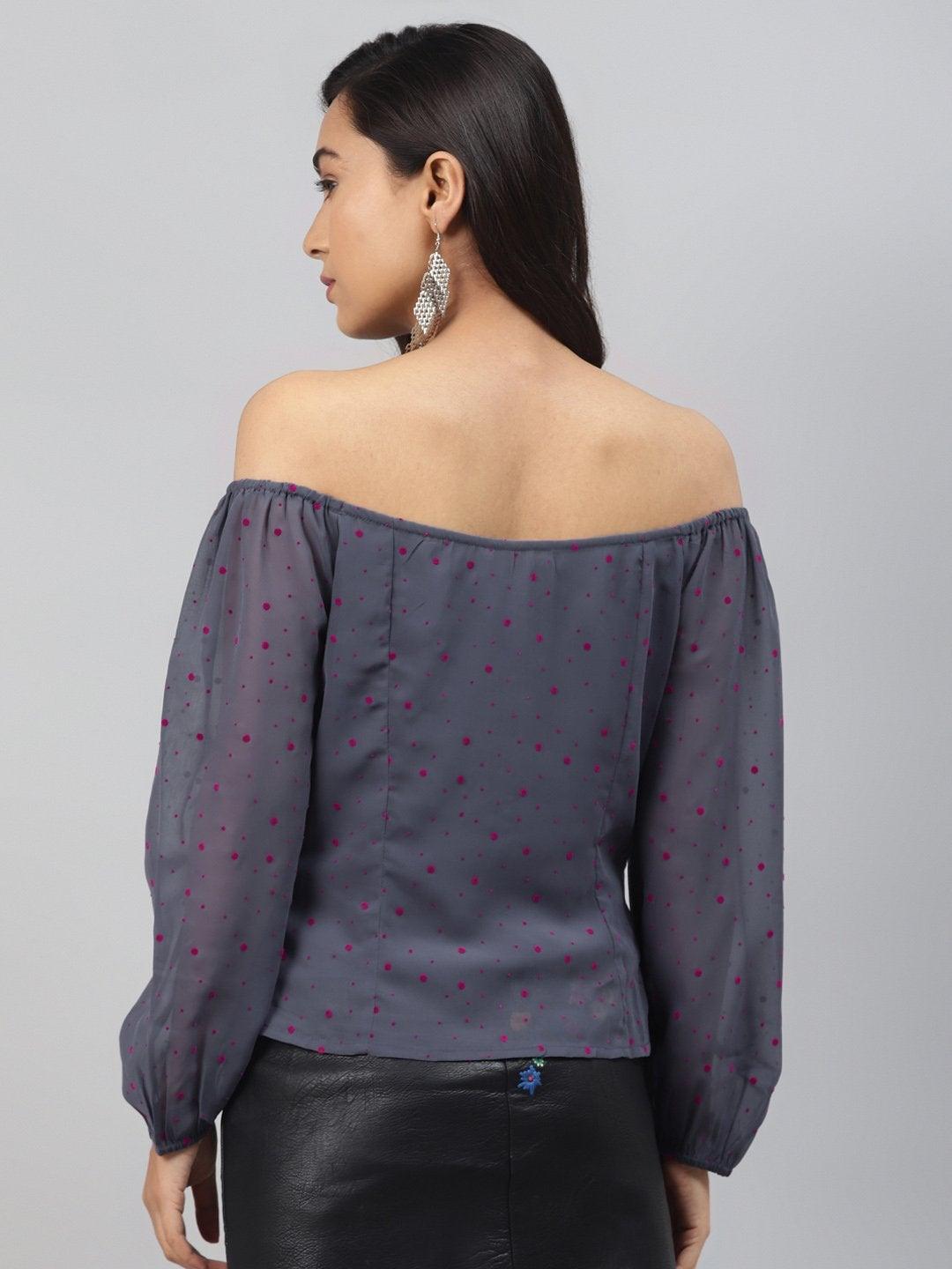 Women's Blue Flock Print Boat Neck Top - SASSAFRAS - Indiakreations