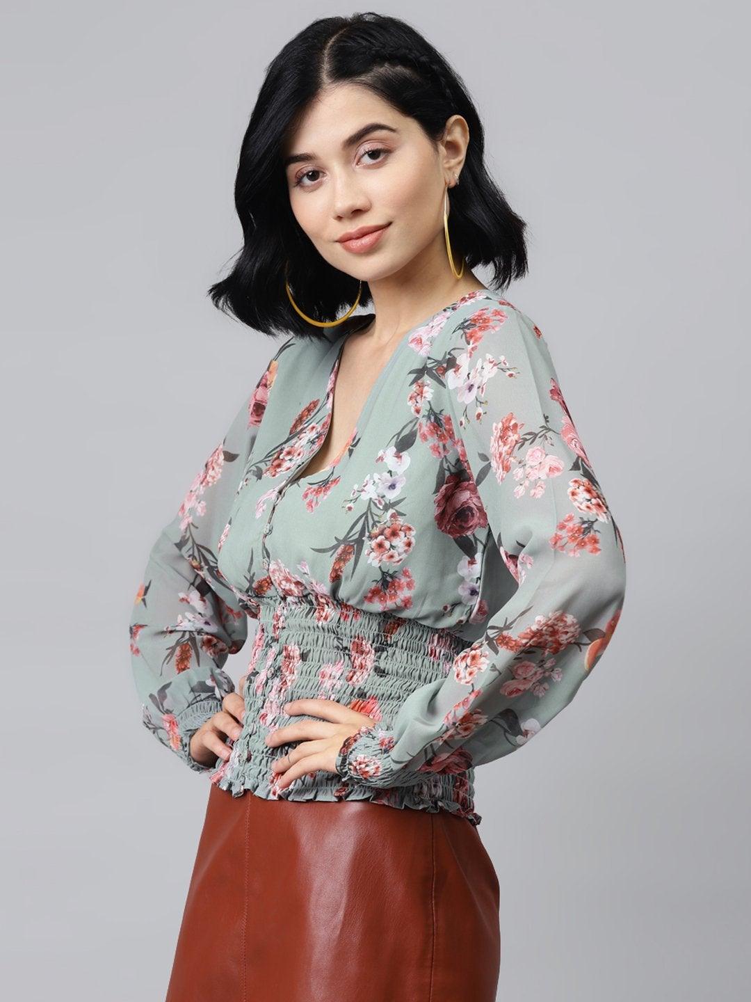 Women's Olive Floral V Neck Smocking Top - SASSAFRAS - Indiakreations