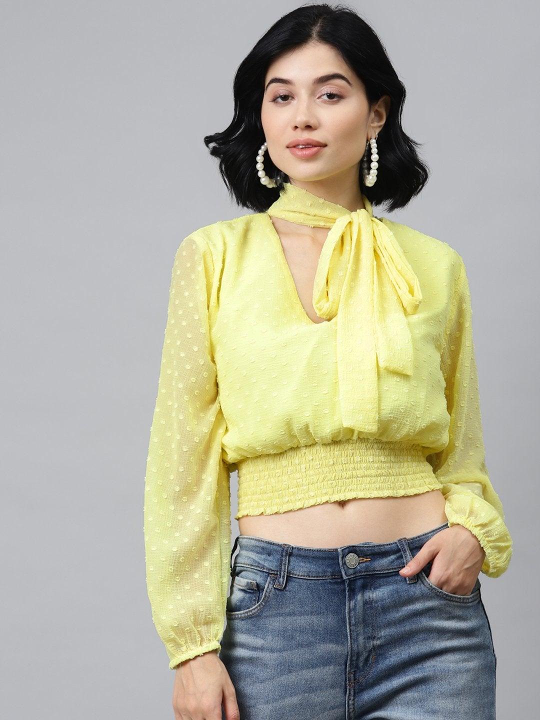 Women's Yellow Front Bow Smocking Crop Top - SASSAFRAS - Indiakreations