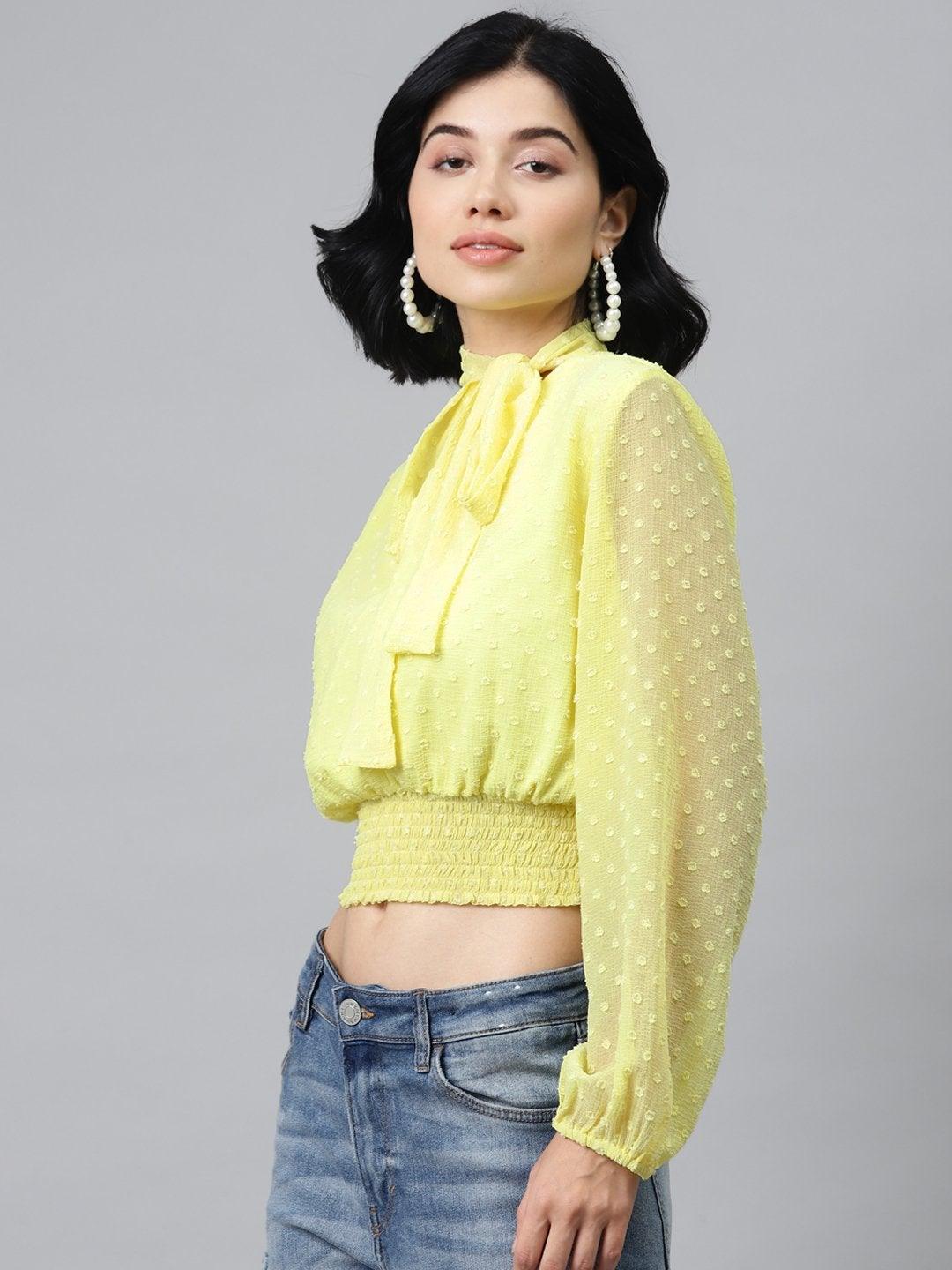 Women's Yellow Front Bow Smocking Crop Top - SASSAFRAS - Indiakreations