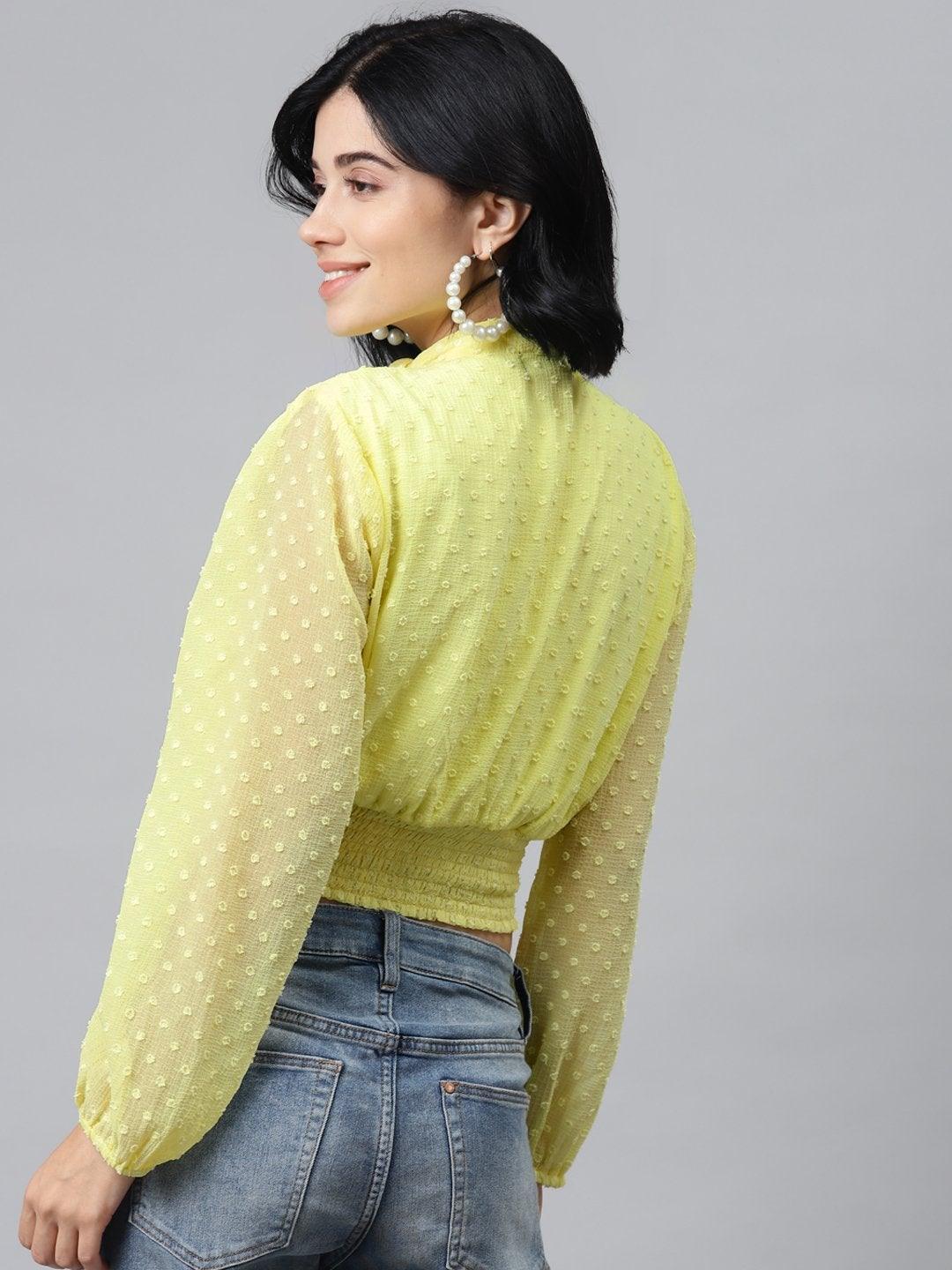 Women's Yellow Front Bow Smocking Crop Top - SASSAFRAS - Indiakreations