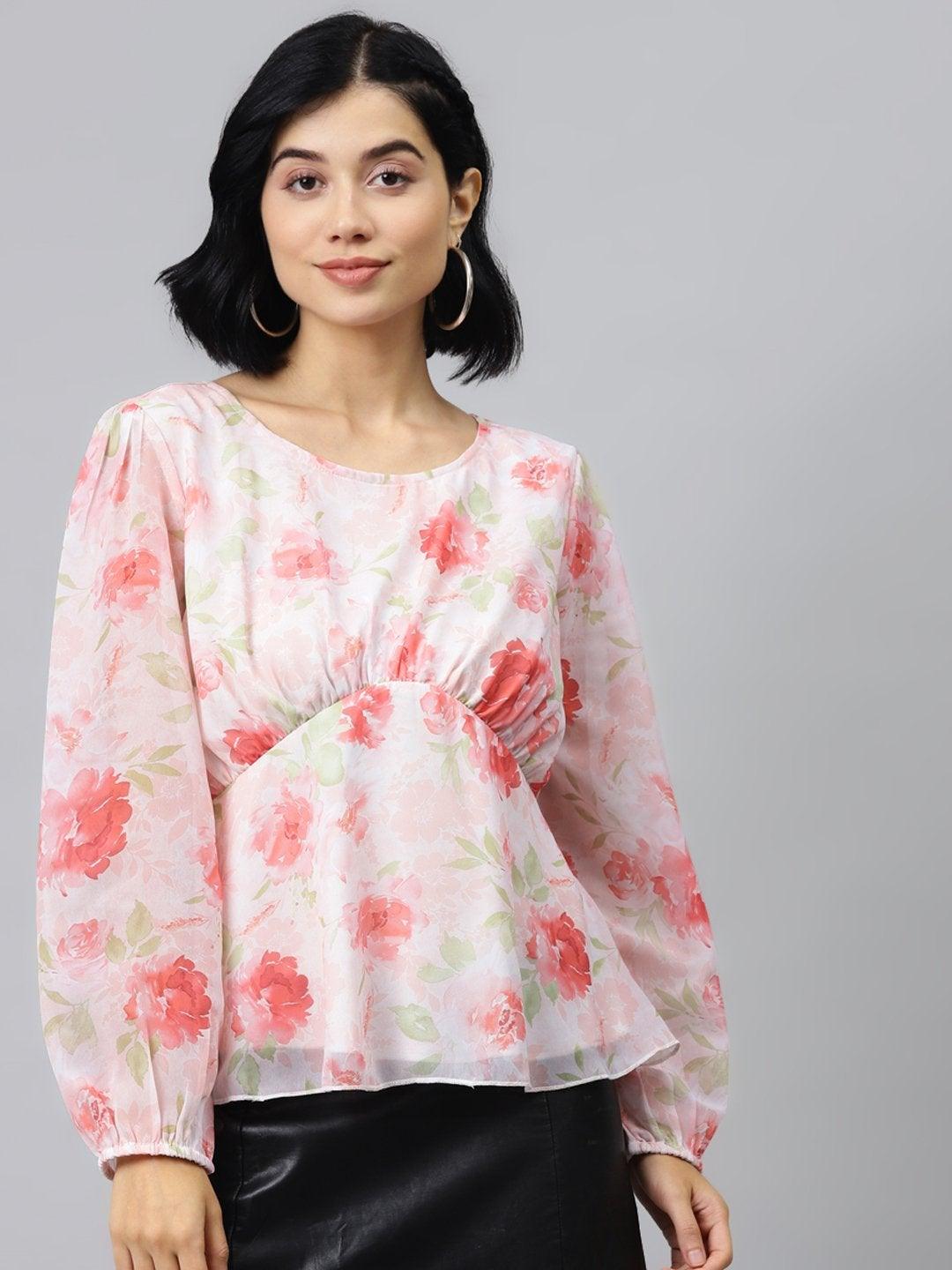 Women's Light Pink Floral Peplum Top - SASSAFRAS - Indiakreations