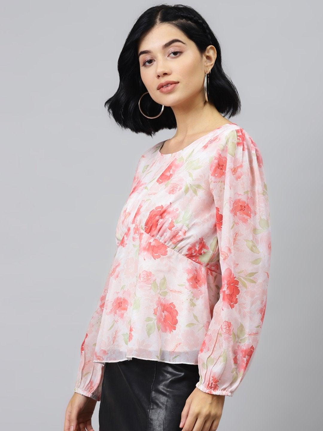 Women's Light Pink Floral Peplum Top - SASSAFRAS - Indiakreations