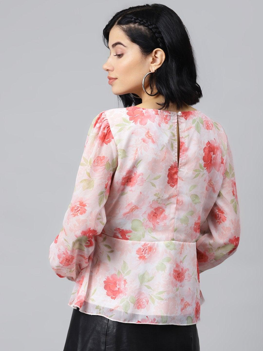 Women's Light Pink Floral Peplum Top - SASSAFRAS - Indiakreations