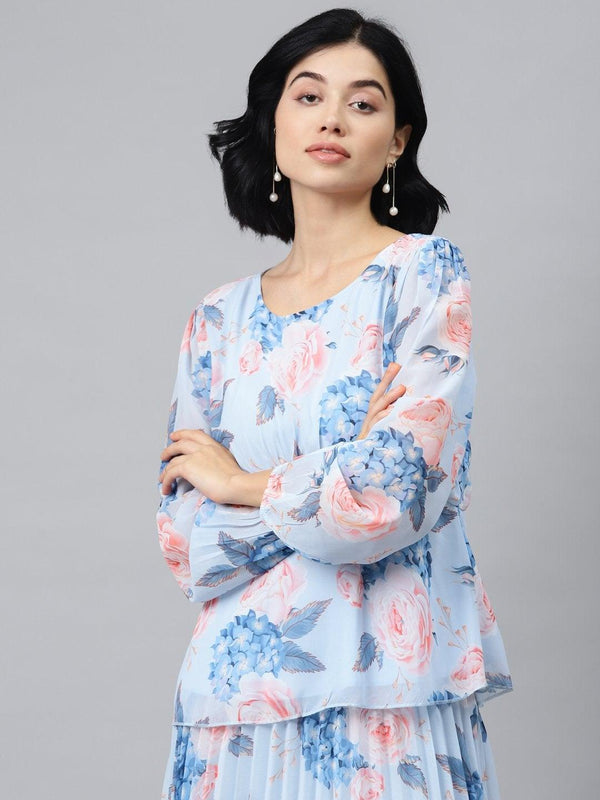 Women's Light Blue Floral Peplum Top - SASSAFRAS - Indiakreations